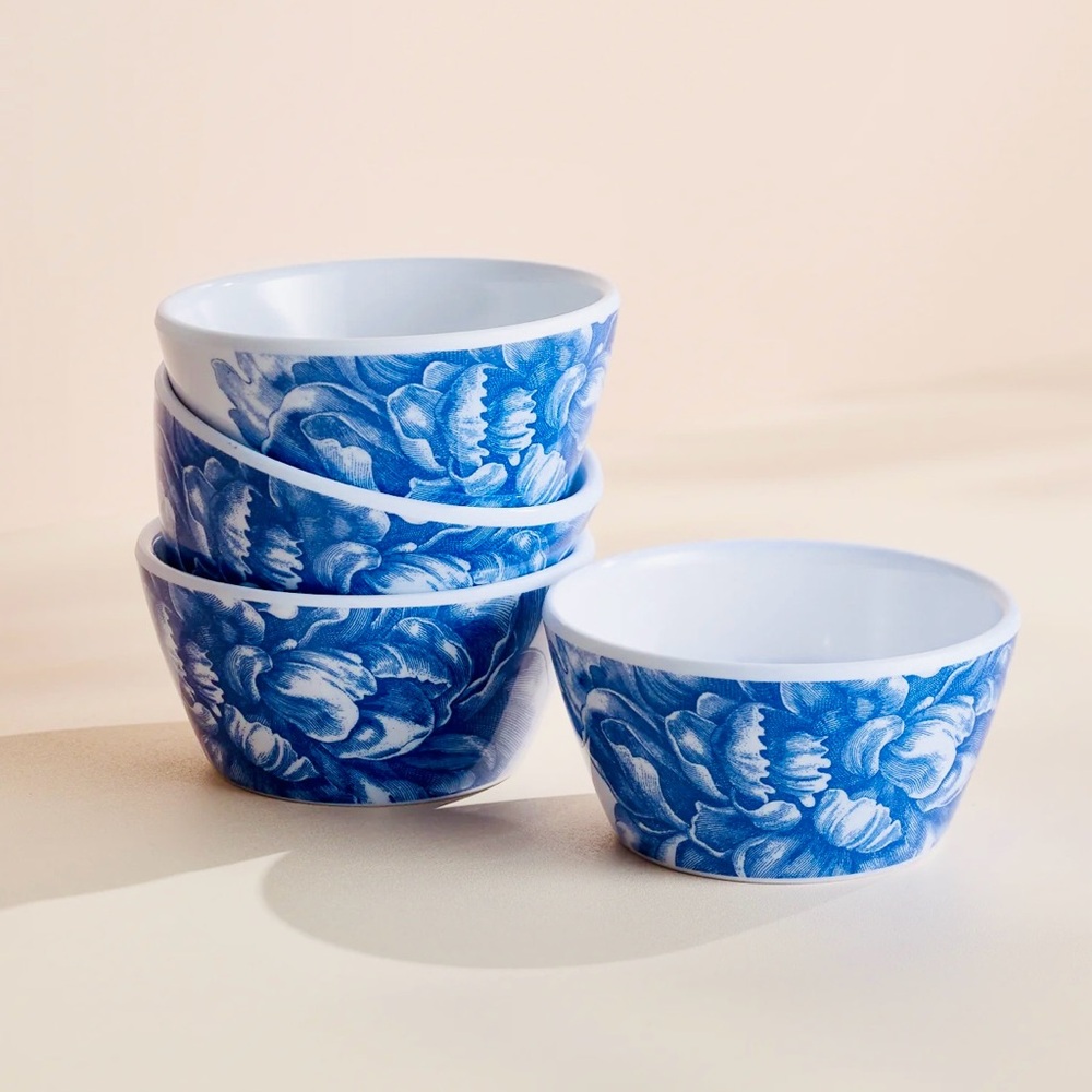 NWT Blue & White Caskata Peony Melamine Snack Bowls, Set of 4!